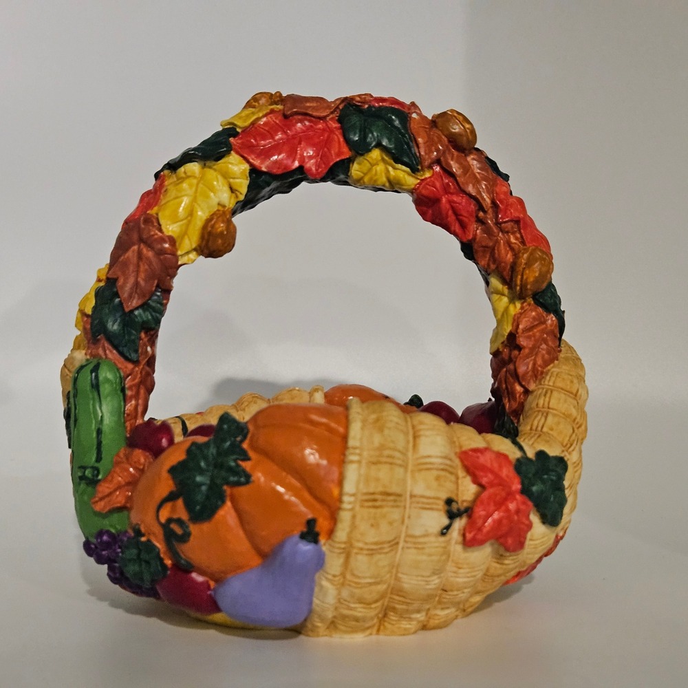 VTG Harvest Cornucopia Basket Autumn Fall Leaves Pumpkin Decor Tabletop Accent - Picture 2 of 3